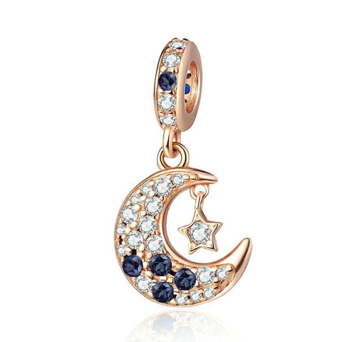 Moon and Star Charm Celestial Beauty for Pandora Bracelets - Moon and Star charm in rose gold with sparkling accents, fits Pandora bracelets