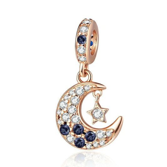 Moon and Star charm in rose gold with sparkling accents, fits Pandora bracelets
