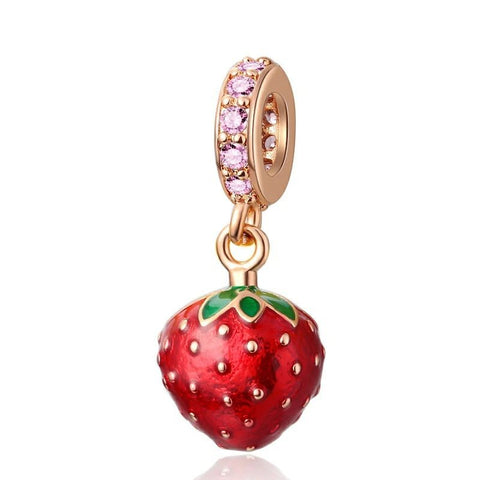 Strawberry charm in rose gold with colorful enamel accents, fits Pandora bracelets