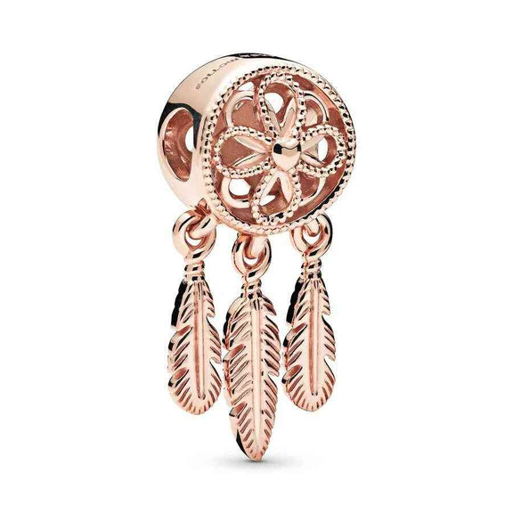 Dreamcatcher Charm Rose Gold Feathers for Pandora Bracelets - Dreamcatcher charm in rose gold with feather details, fits Pandora bracelets