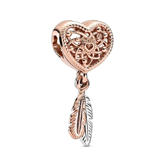 Heart Dreamcatcher Charm • Love and Protection for Pandora - Heart Dreamcatcher charm in rose gold and silver with feather accents, fits Pandora