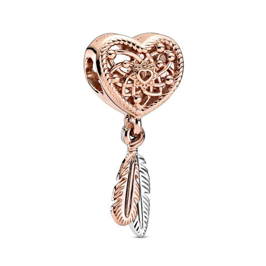 Heart Dreamcatcher charm in rose gold and silver with feather accents, fits Pandora