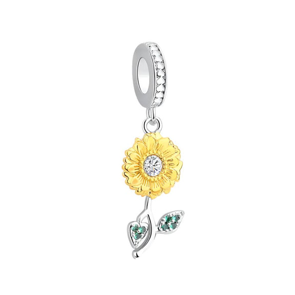 Silver and Gold Sunflower Charm with Green Leaves - Sterling silver and gold sunflower charm with green leaves