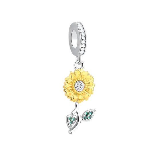 Sterling silver and gold sunflower charm with green leaves