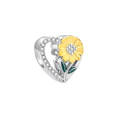 Sterling Silver Heart and Sunflower Charm - Sterling Silver Heart and Sunflower Charm