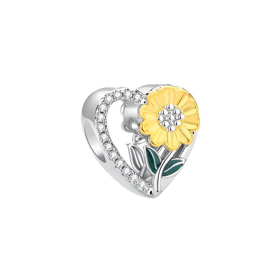 Sterling Silver Heart and Sunflower Charm - Sterling silver heart charm with sunflower design