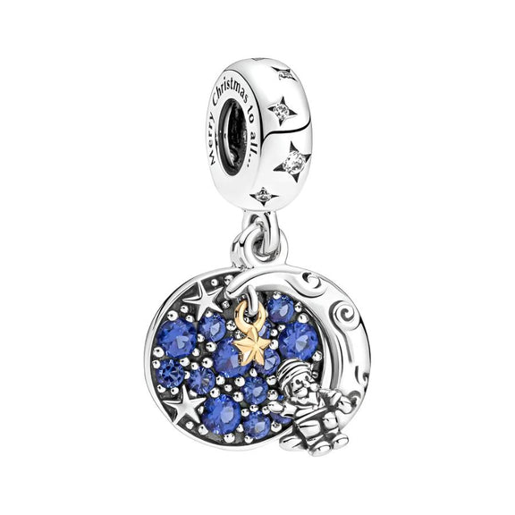 Santa on the Moon Charm with Blue Crystals - sterling silver christmas charms featuband Santa on a crescent moon with blue crystals.