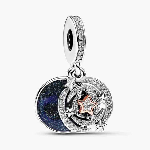 Silver Moon and Stars Charm with Crystals - Silver Moon and Stars Charm with Crystals
