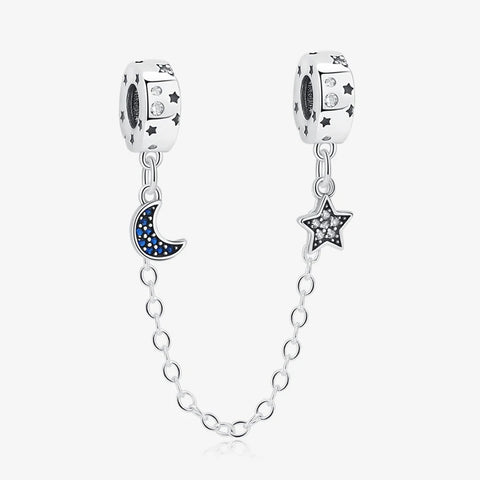 Sterling Silver Moon and Star Safety Chain Charm - Two silver charms with moon and star designs on a white background