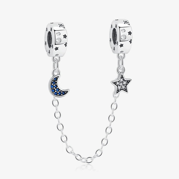 Sterling Silver Moon and Star Safety Chain Charm - Sterling silver safety chain with moon and star charms