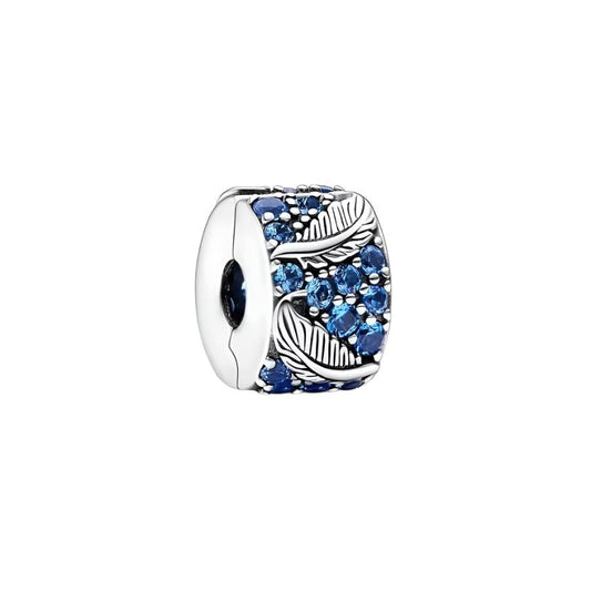 Sterling silver blue feathers charm with sparkling crystals