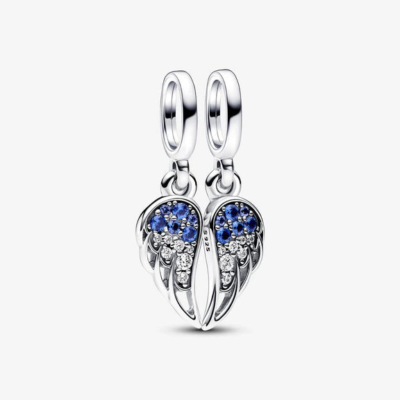 Sterling Silver Angel Wings Charm with Blue Crystals - Sterling silver angel wings charm with blue crystals