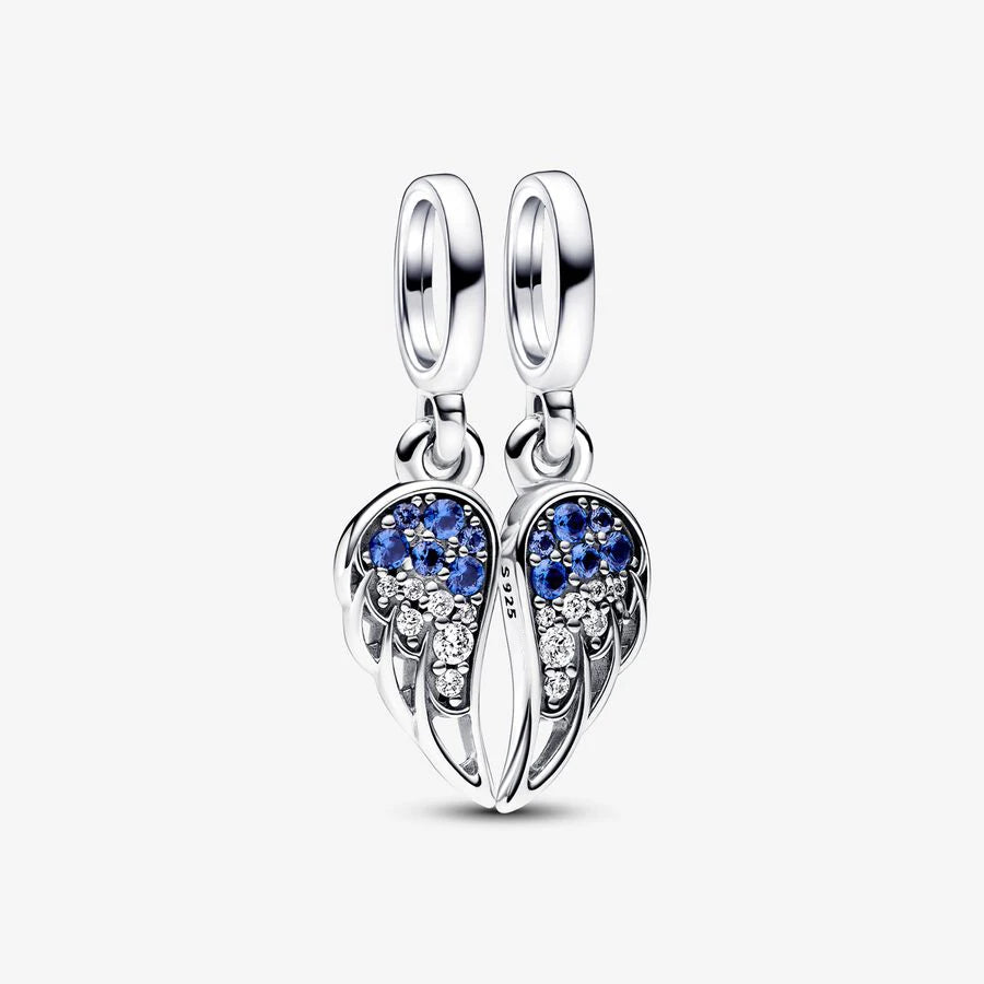 Sterling silver angel wings charm with blue crystals