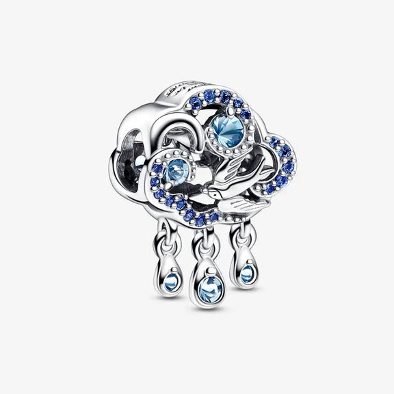 Sterling Silver Raincloud Charm with Blue Crystals - Sterling silver raincloud charm with blue crystals and raindrops