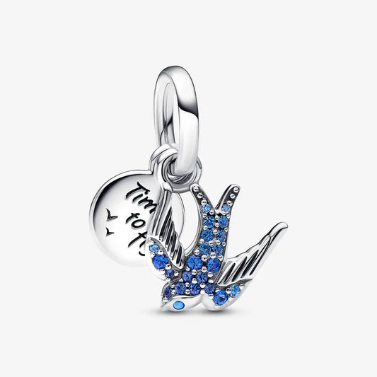 Sterling silver sparrow charm with blue crystals