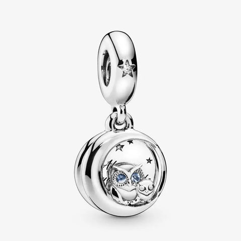 Sterling Silver Owl on Moon Charm with Crystals - Sterling Silver Owl on Moon Charm with Crystals