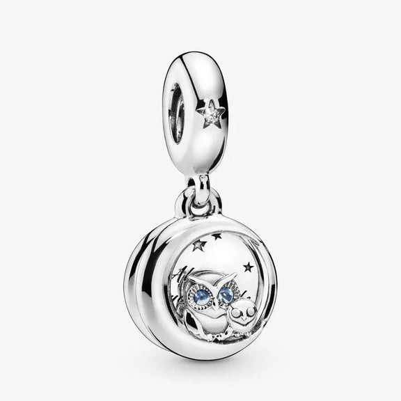 Sterling Silver Owl on Moon Charm with Crystals - Sterling silver owl on moon charm with blue crystals