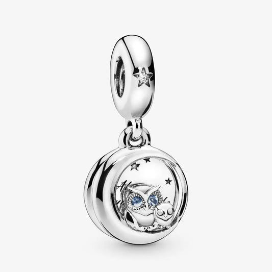 Sterling silver owl on moon charm with blue crystals