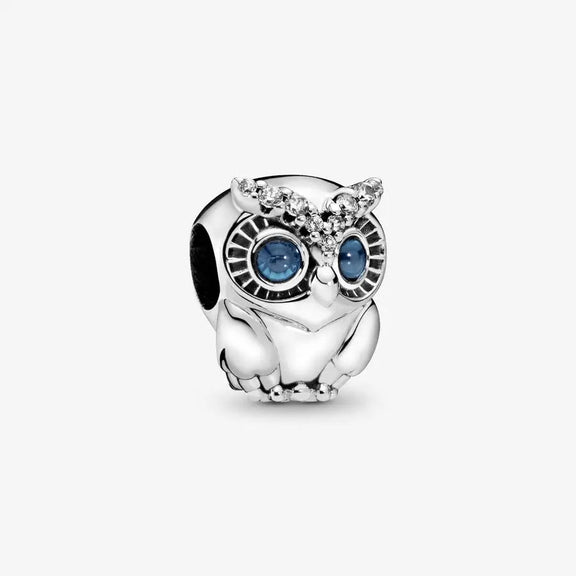 Sterling Silver Owl Charm with Blue Eyes and Crystal Accents - Sterling silver owl charm with blue crystals