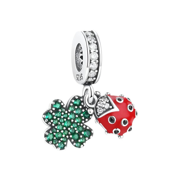 Green Clover and Ladybug Charm with Crystals - Sterling silver charm with green clover and red ladybug