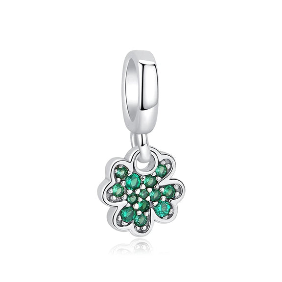 Sterling Silver Clover Charm with Pavé Green Crystals - Sterling silver clover charm with pavé green crystals