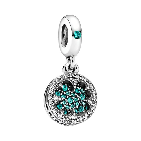 Sterling Silver Clover and Crystal Disc Charm - Sterling silver charm with clover design and green zirconia