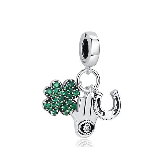 Green Clover, Hand, and Horseshoe Charm in Sterling Silver - Sterling silver charm featuband a green clover, protective hand, and horseshoe with cubic zirconia.