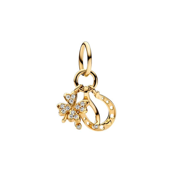 Golden Clover and Horseshoe Charm with Crystals - Golden charm with clover and horseshoe adorned with crystals