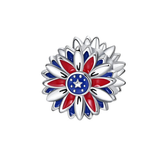 Sterling Silver Patriotic Flower Charm - Patriotic flower charm with red, white, and blue enamel, and a star center.