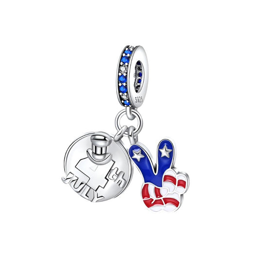 Independence Day charm with "4th July" emblem and peace sign in red, white, and blue.