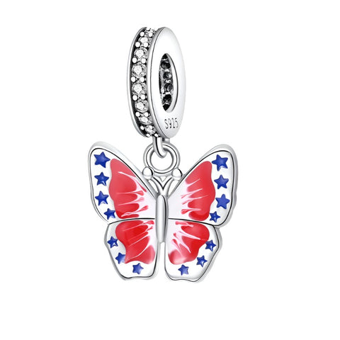 Sterling Silver Patriotic Butterfly Charm - Patriotic butterfly charm with wings in red, white, and blue, adorned with stars.