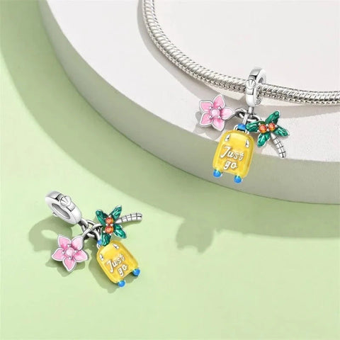 Cherry Blossom, Suitcase & Palm Triple Dangle Charm - Cherry Blossom, Suitcase & Palm Triple Dangle Charm
