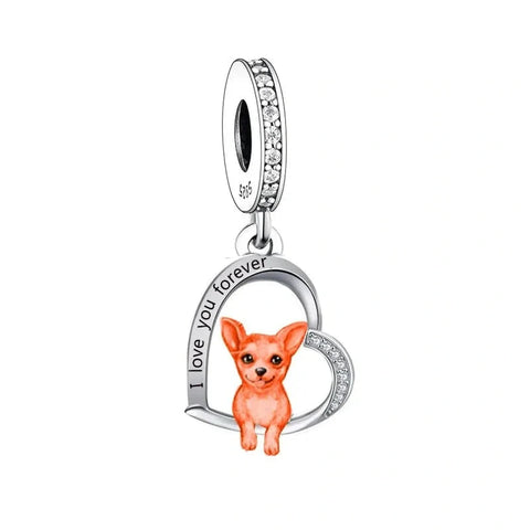 Pendant charm with a dog illustration and 'I love you forever' text on a white background