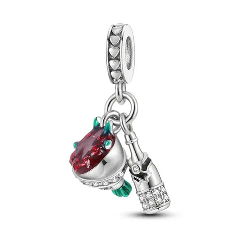 bottle & Red Bouquet Charm - Red wine bottle Charm