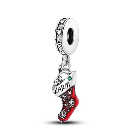 Sterling Silver Christmas Charm with Warm Red Stocking & Kitten - Sterling Silver Christmas Charm with Warm Red Stocking & Kitten