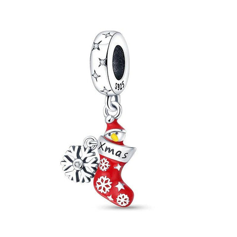Sterling Silver Christmas Charm with Red Stocking & Snowflake - Sterling Silver Christmas Charm with Red Stocking & Snowflake