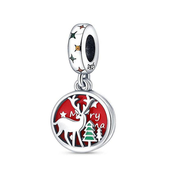 Sterling Silver Christmas Charm with Red Enamel Reindeer & Merry Christmas - Sterling Silver Christmas Charm with Red Enamel Reindeer & Merry Christmas - christian reindeer dangle charm - Pandora