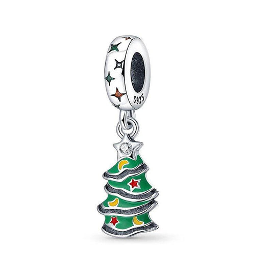 Sterling Silver Christmas Charm with Green Christmas Tree & Star - christian tree dangle charm - Pandora