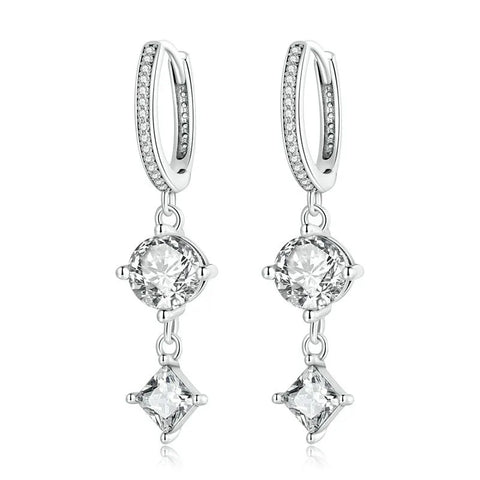 classic silver dangle earrings round and square zircon
