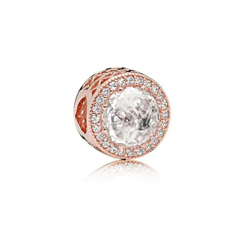 Clear Crystal Round Charm with Rose Gold Accents - Round clear crystal charm with rose gold-plated sterling silver and cubic zirconia accents for a sophisticated look.