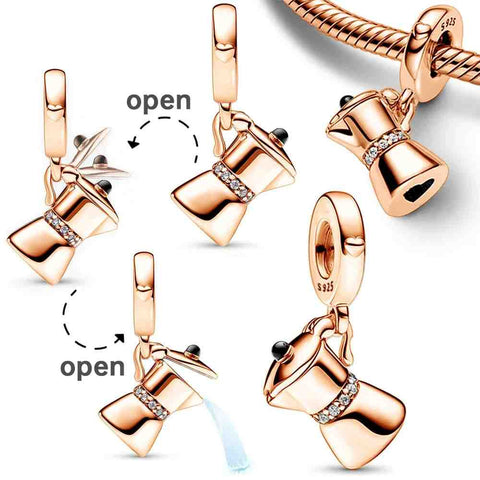 Coffee Cup Charm with Opening Lid and Crystal Details - Coffee Cup Charm in rose gold with an opening lid and crystal details, a fun and elegant addition for coffee lovers.