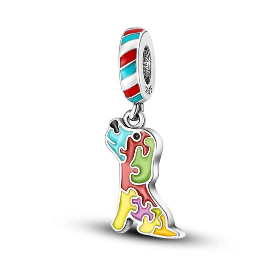 colorful puzzle dog dangle charm with striped loop