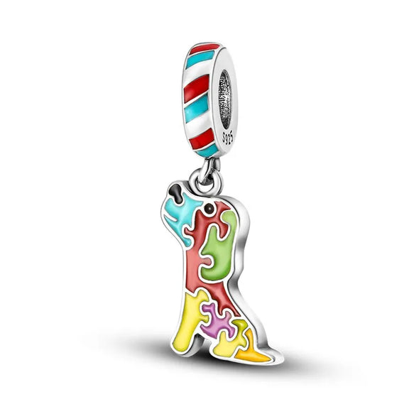 Puzzle Dog Charm - colorful puzzle dog dangle charm with striped loop