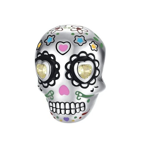 Colorful Skull Charm with Floral Designs for Festive Jewelry - Colorful skull charm with floral decorations and yellow heart eyes, perfect for festive jewelry.