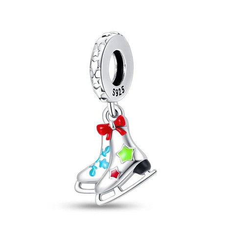 Sterling Silver Christmas Charm with Ice Skates & Stars - Sterling Silver Christmas Charm with Ice Skates & Stars