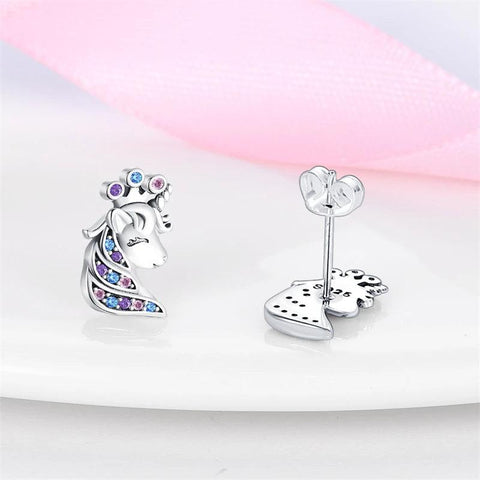 Sterling Silver Unicorn Stud Earrings Multicolor Crystals - Sterling Silver Unicorn Stud Earrings with Multicolor Crystals