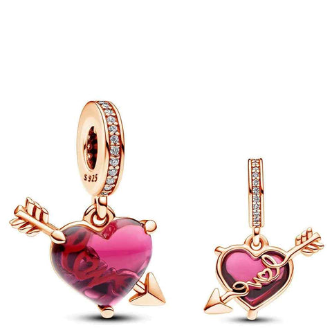 Cupid Heart Arrow Charm - Love in Rose Gold and Crystal Accents - Cupid Heart Arrow Charm in rose gold, featuring a crystal arrow piercing a heart. Perfect for symbolizing love and romance.