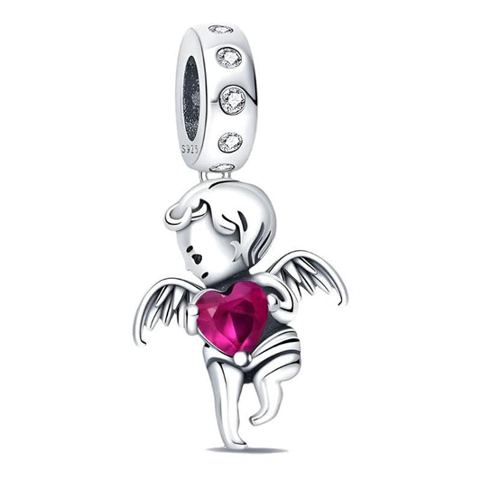Sterling silver cupid charm holding a pink heart-shaped gemstone, perfect for charm bracelets or romantic gifts.