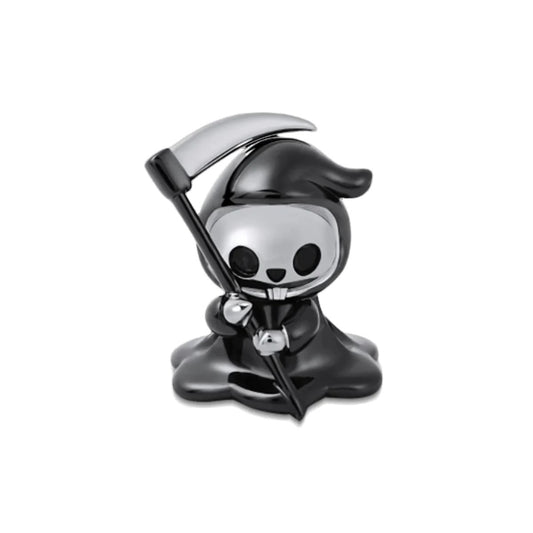 Cute sterling silver Grim Reaper charm with black enamel and scythe, perfect for charm bracelets or necklaces.