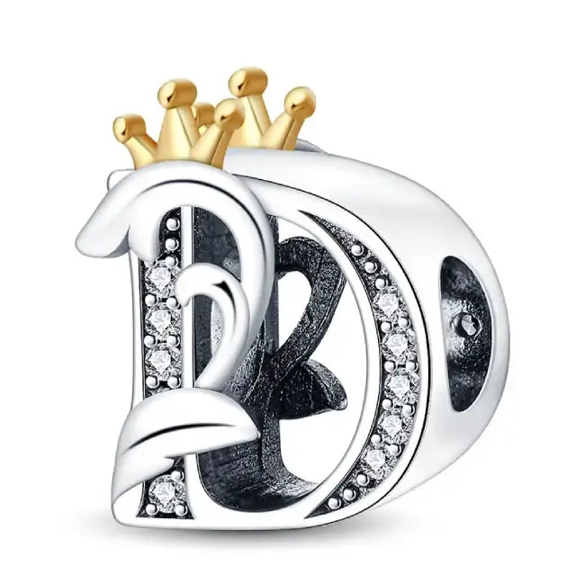 D Silver charm letter with gold Crown for pandora bracelets